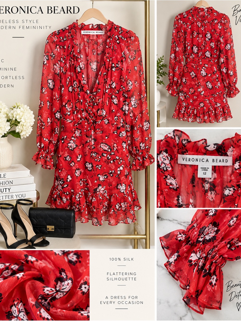 Veronica Beard Alana Silk Floral Ruffle Mini Dress Red Size 12 Long Sleeve